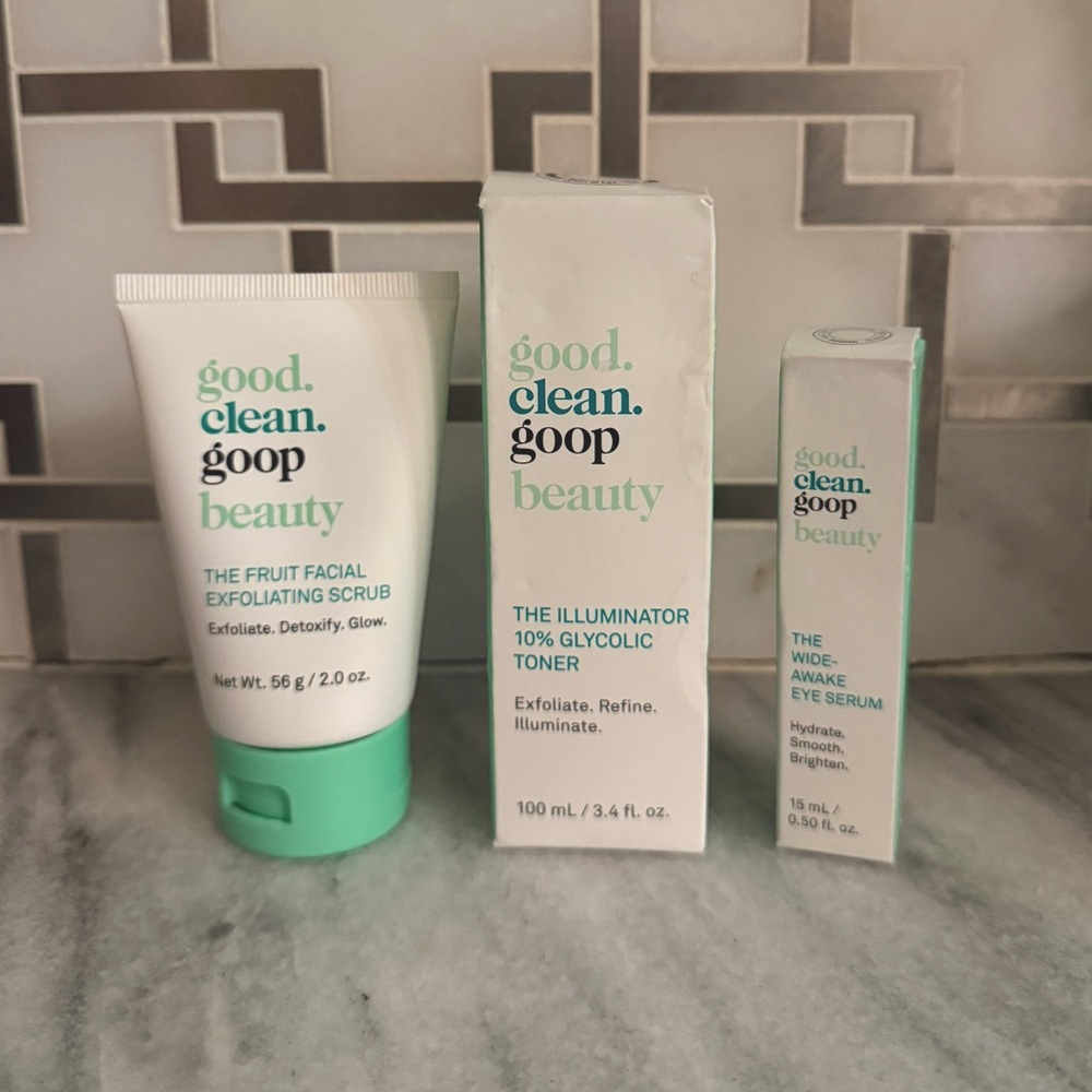 Good Clean Goop
exfoliating scrub, toner and eye serum